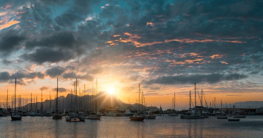 Beautiful sunset over Monte Cara mountain in hardor of Mindelo. Sao Vicente Cape Verde